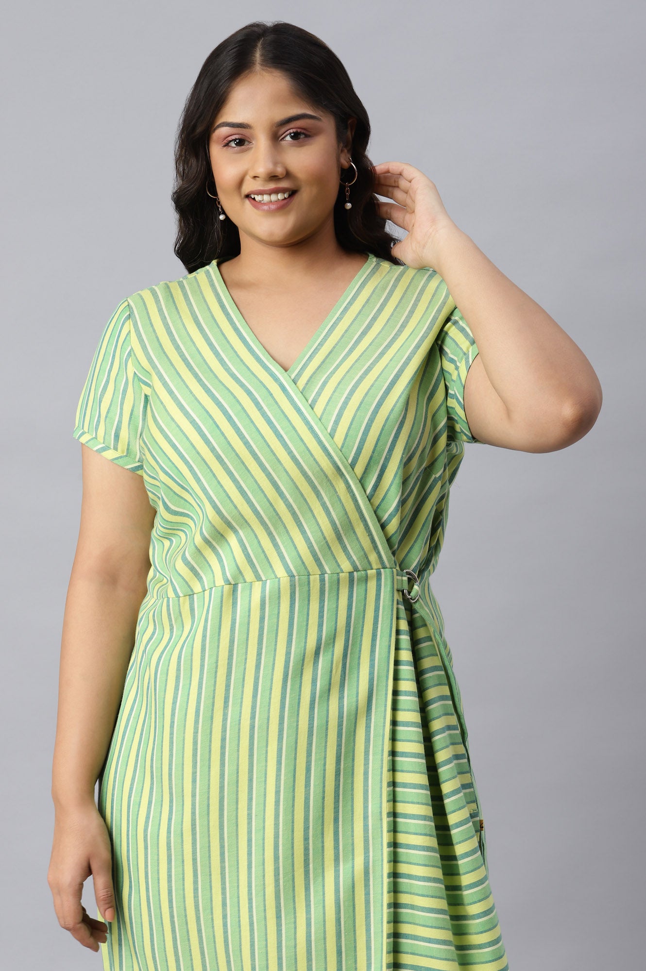 Green Stripe Cotton Plus Size kurta with Side Buckle