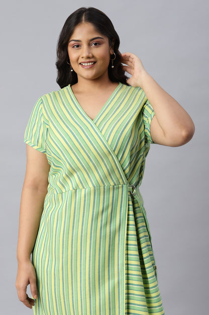 Green Stripe Cotton Plus Size kurta with Side Buckle