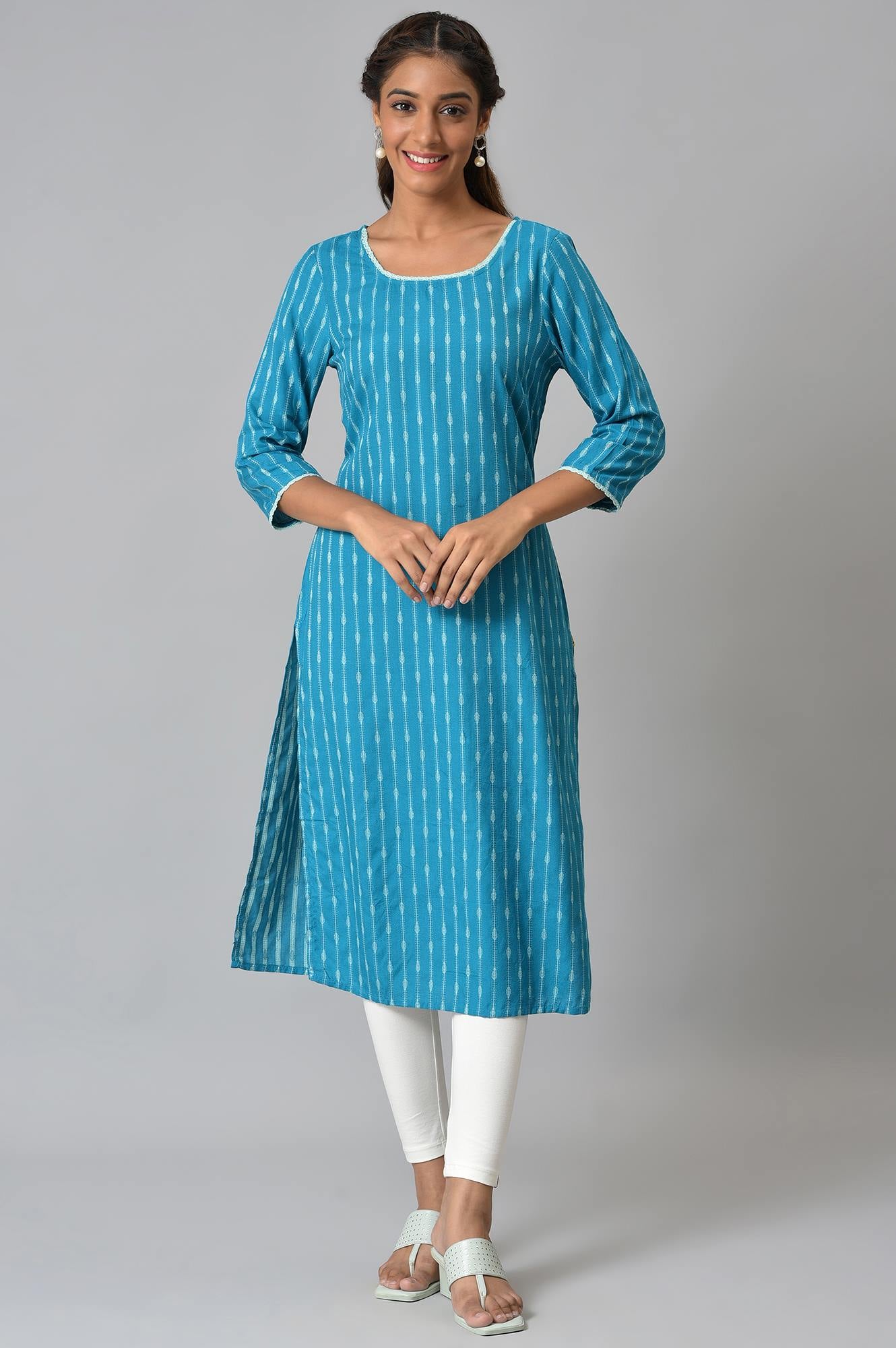 Green Dobby Boat Neck kurta