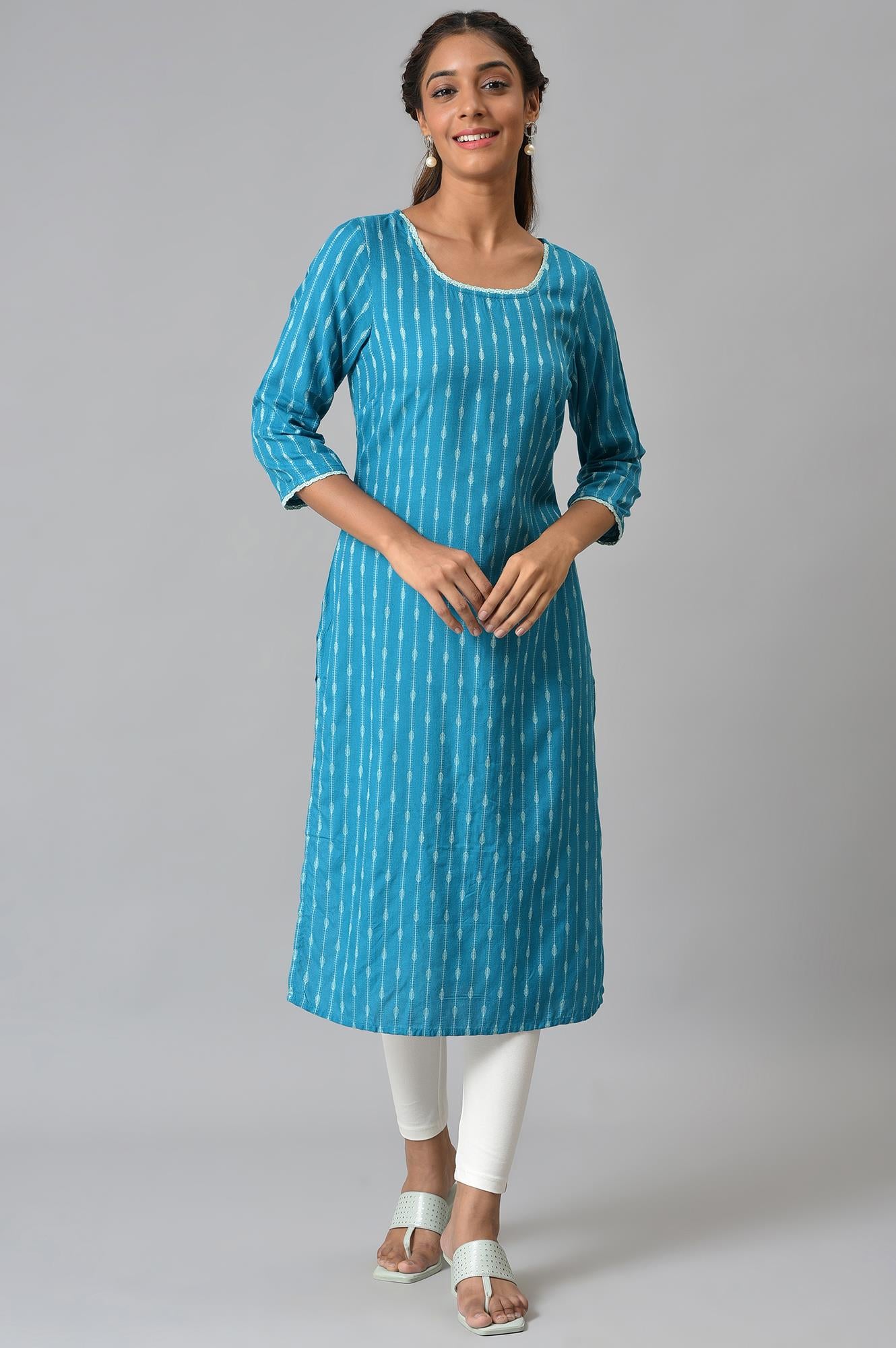 Green Dobby Boat Neck kurta