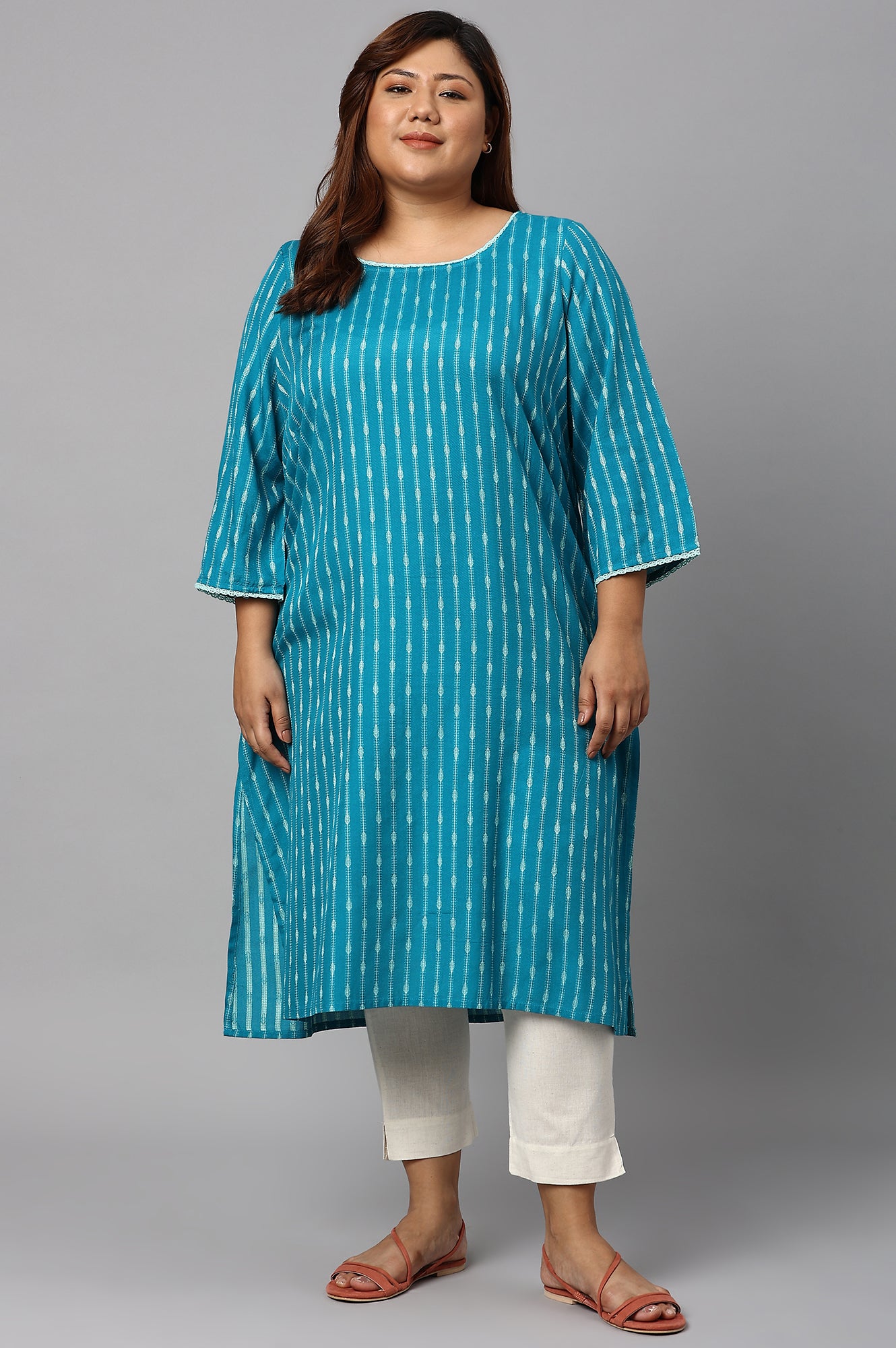 Teal Green Dobby Boat Neck Plus Size kurta