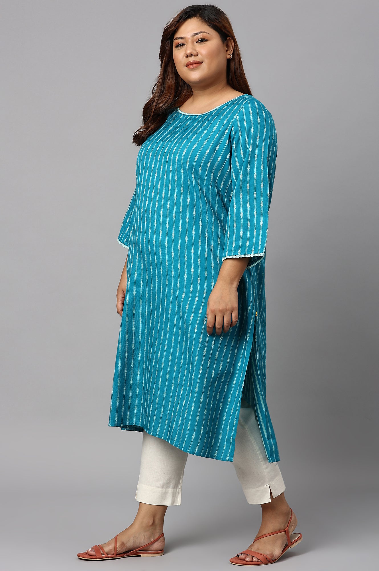 Teal Green Dobby Boat Neck Plus Size kurta