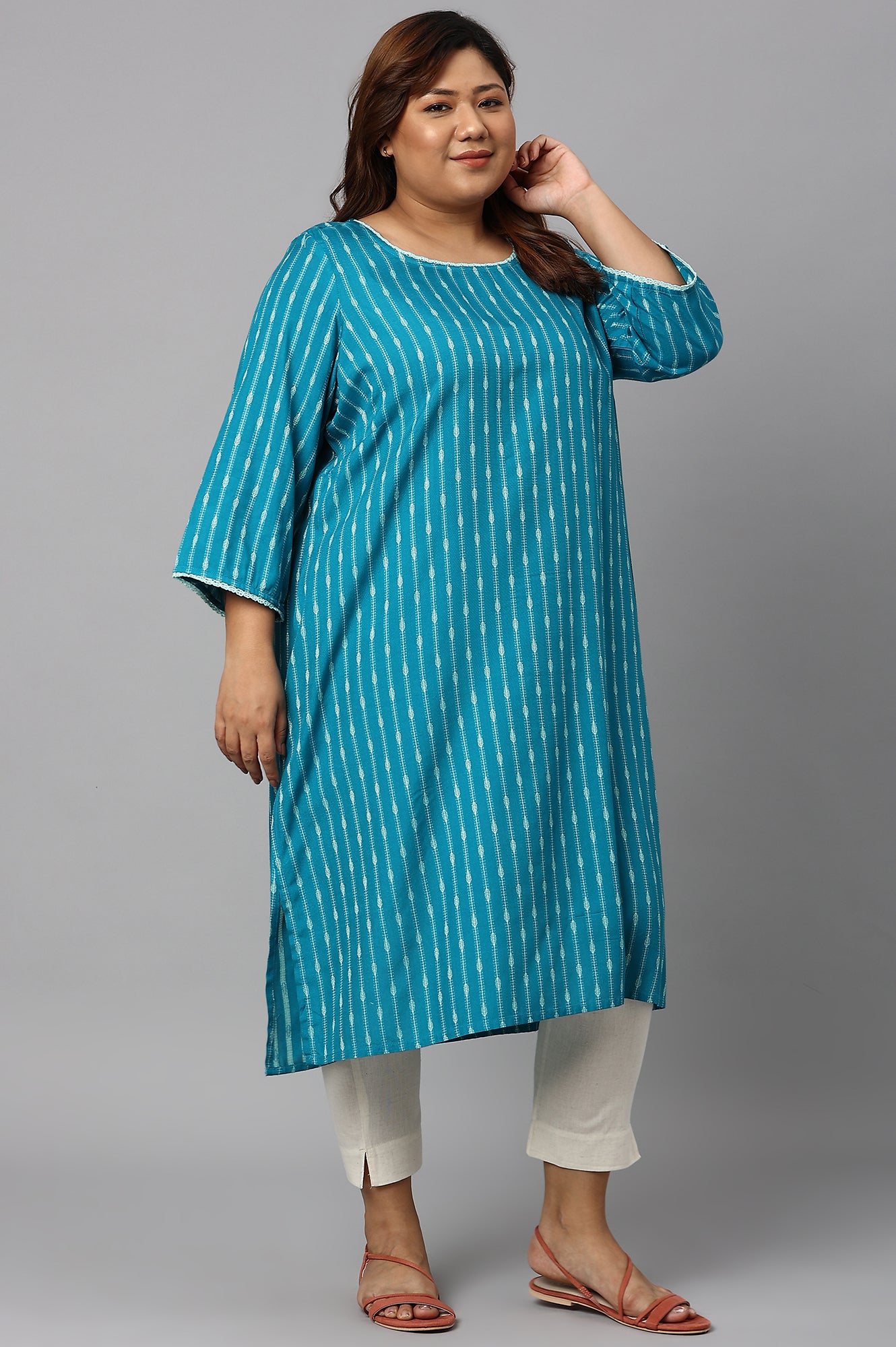 Teal Green Dobby Boat Neck Plus Size kurta