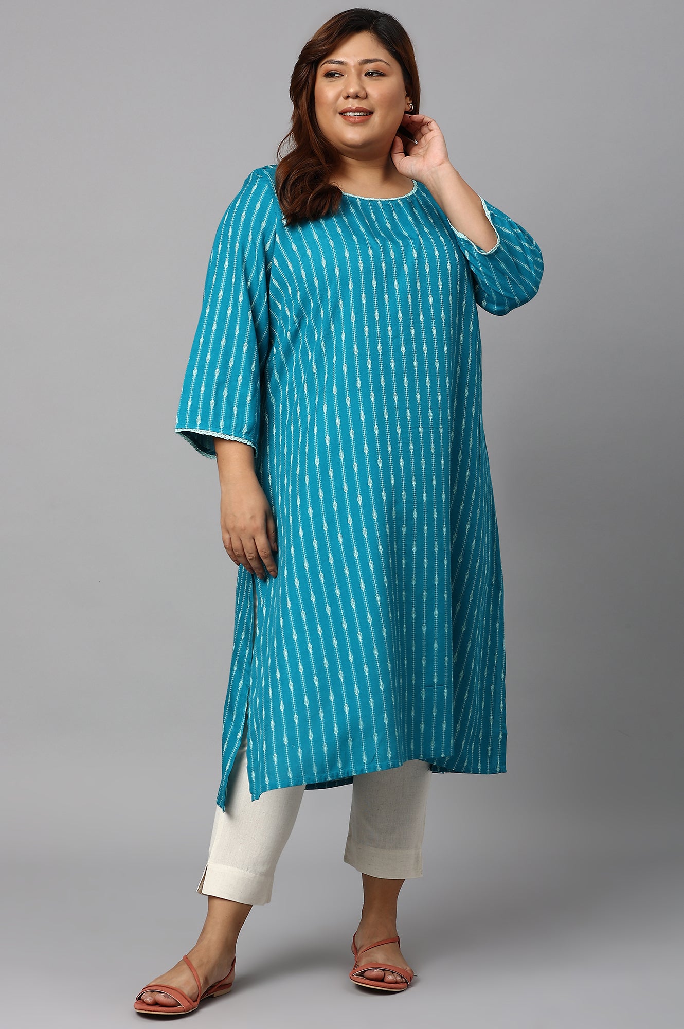 Teal Green Dobby Boat Neck Plus Size kurta