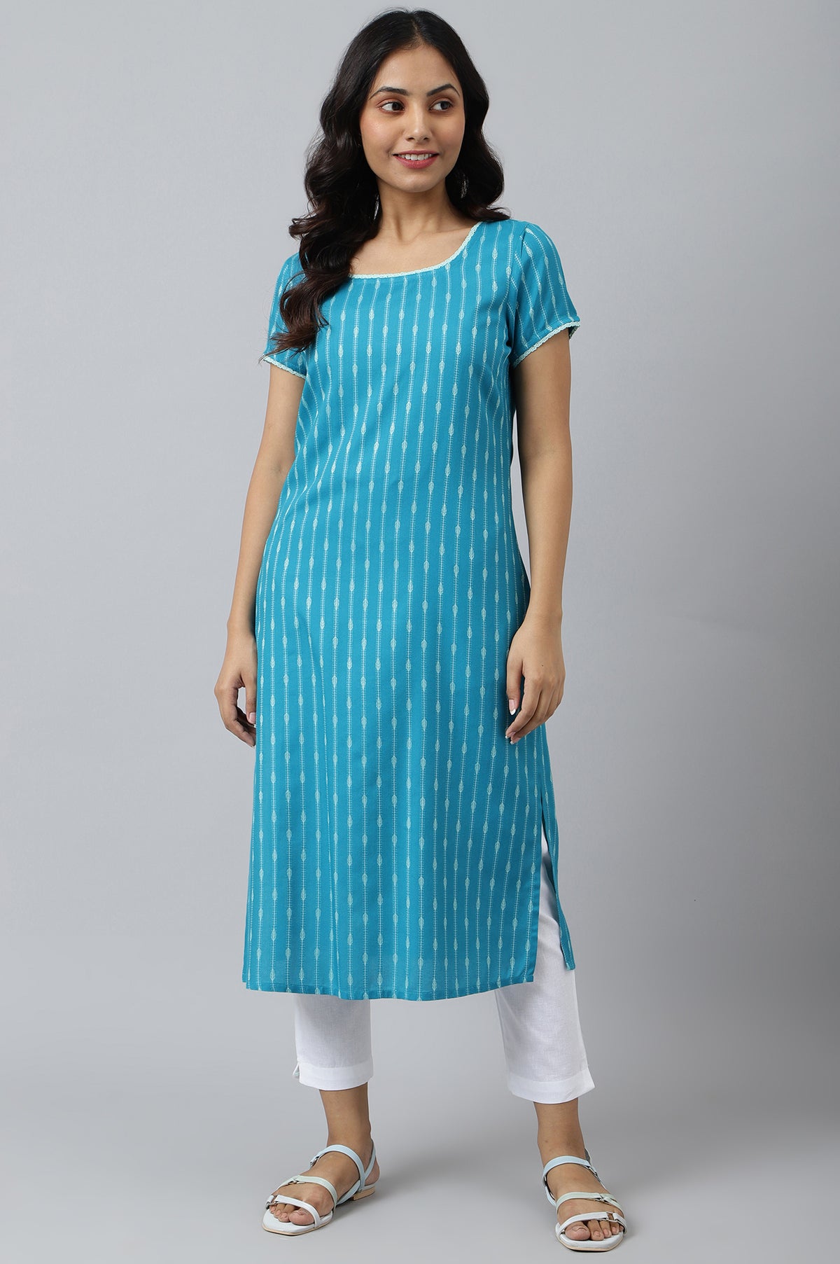 Green Dobby Boat Neck kurta - XS
