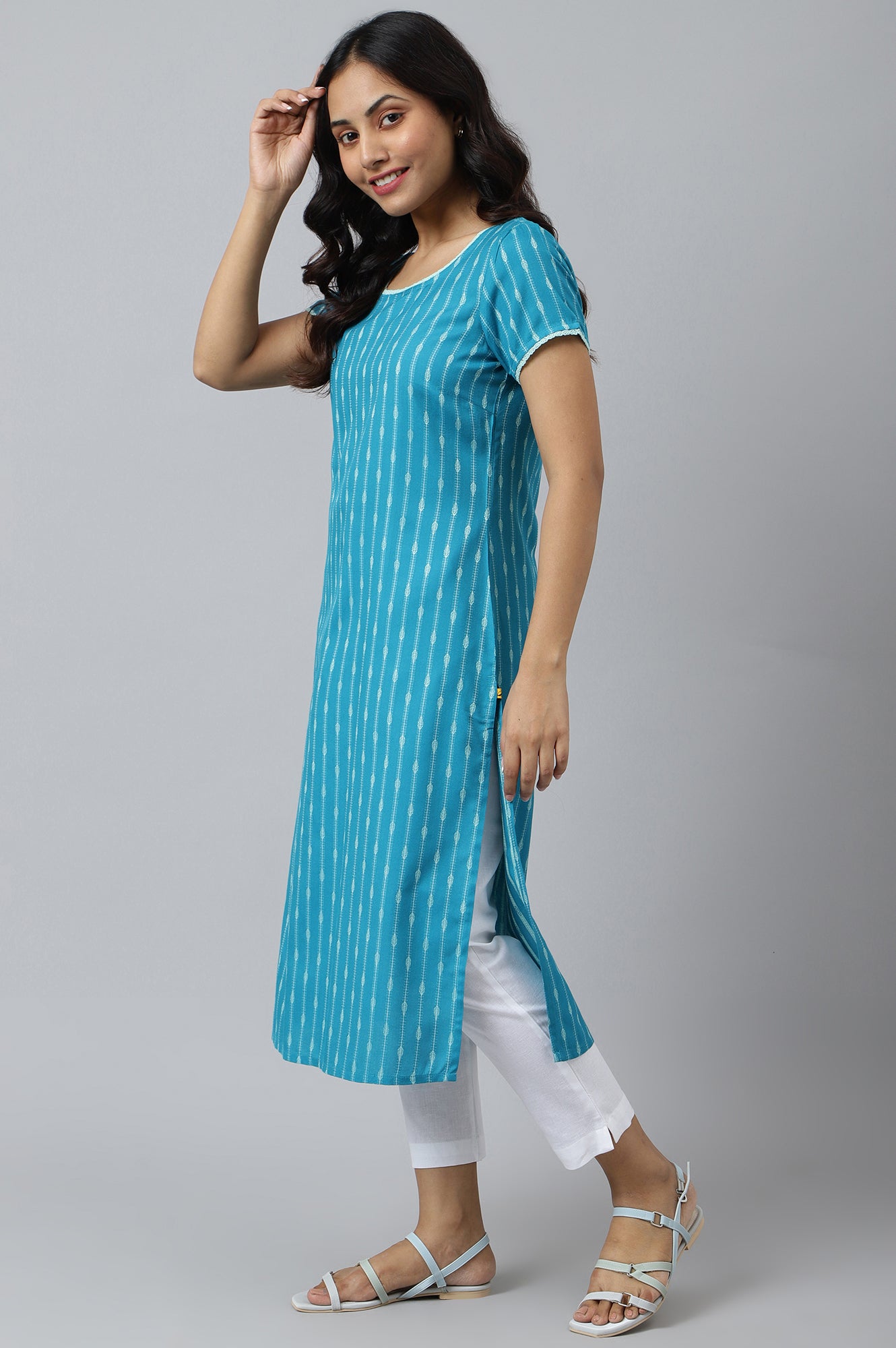 Green Dobby Boat Neck kurta