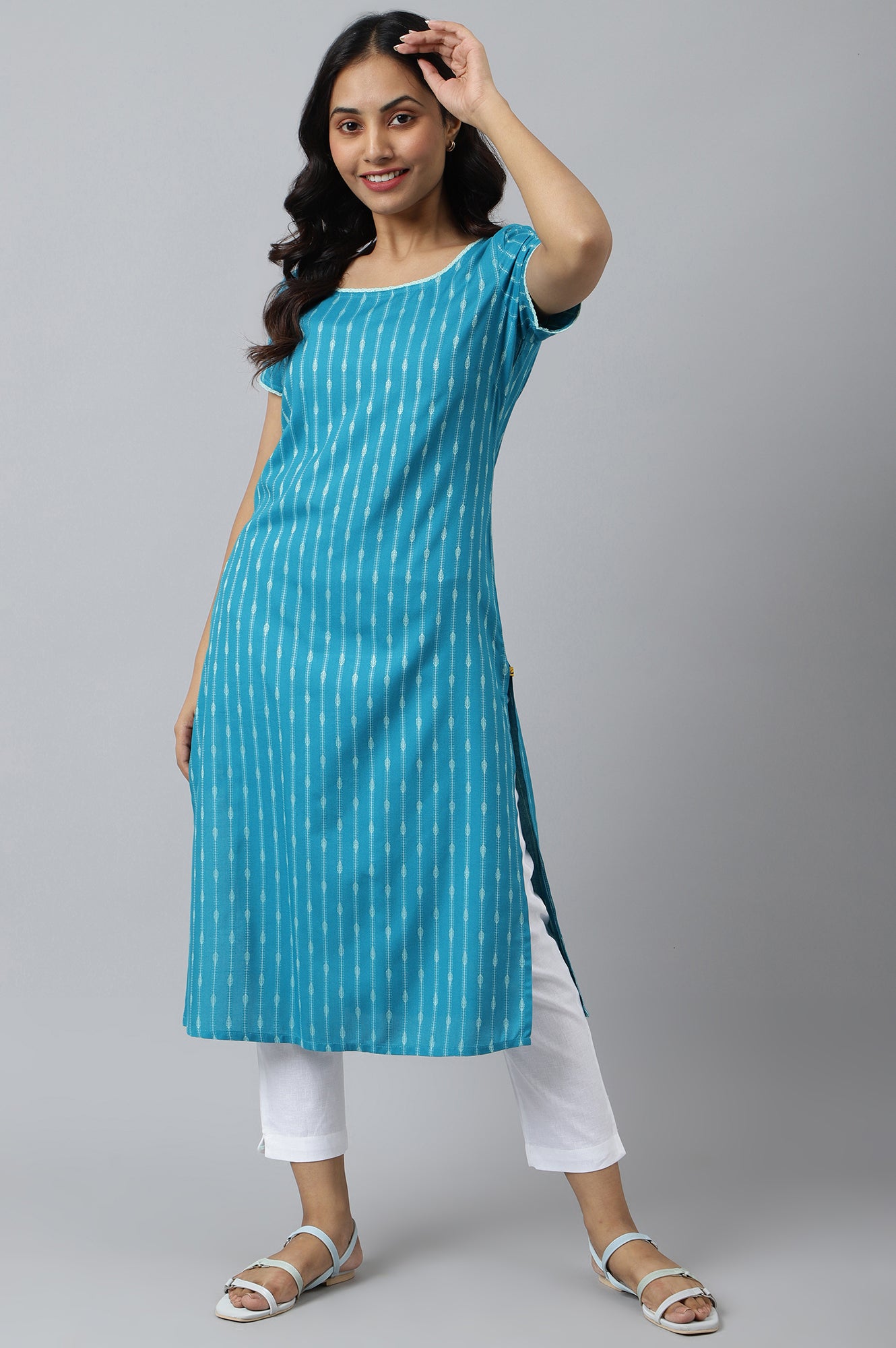 Green Dobby Boat Neck kurta