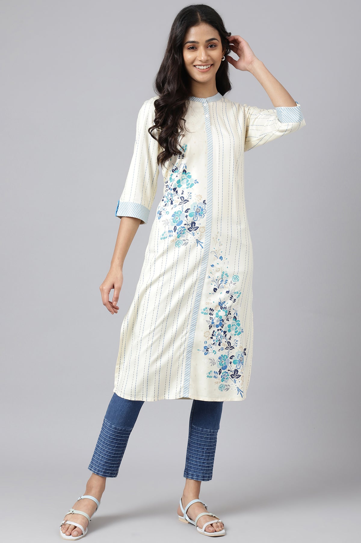 Beige Placement Print kurta - XS