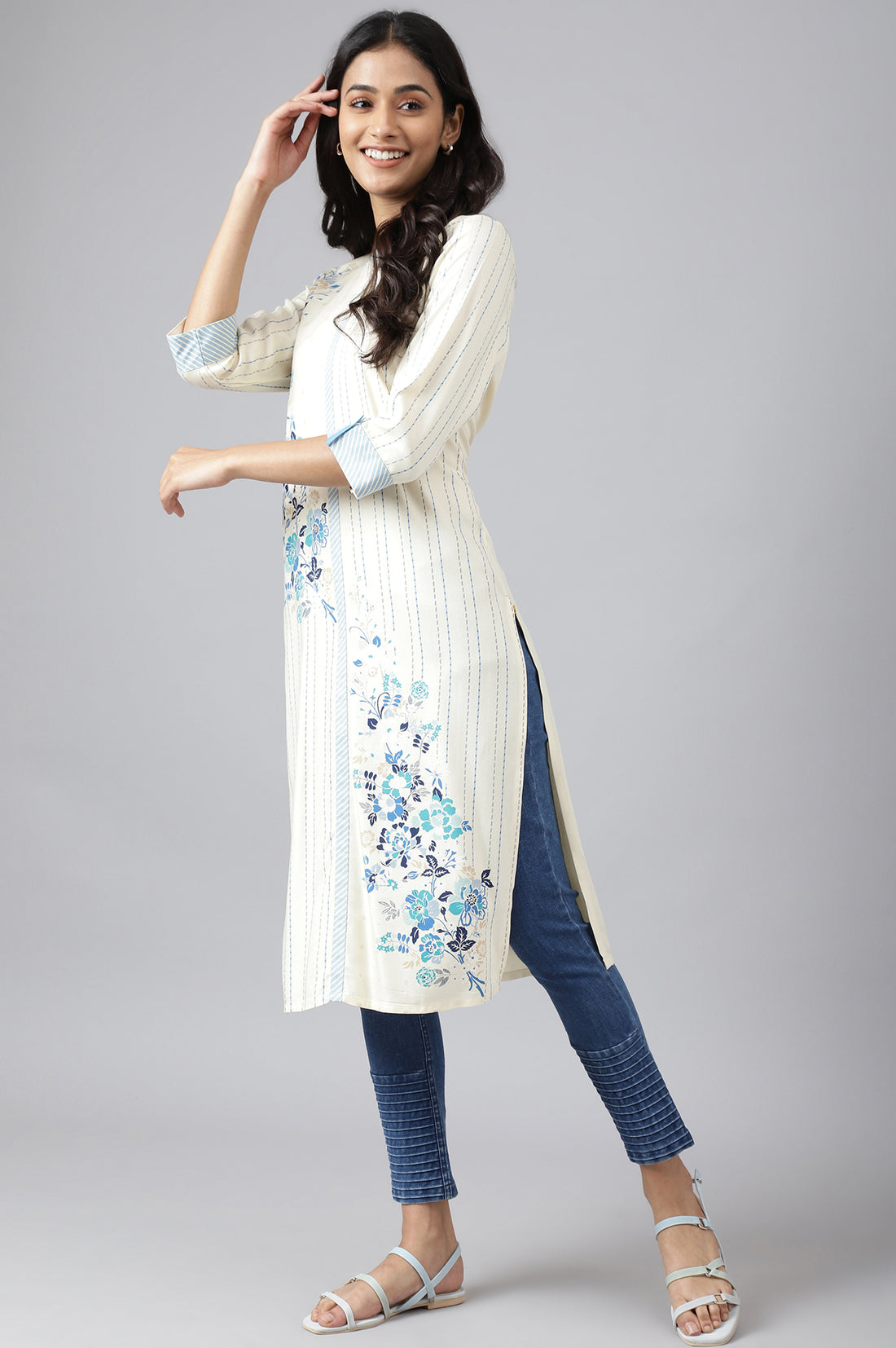 Beige Placement Print kurta