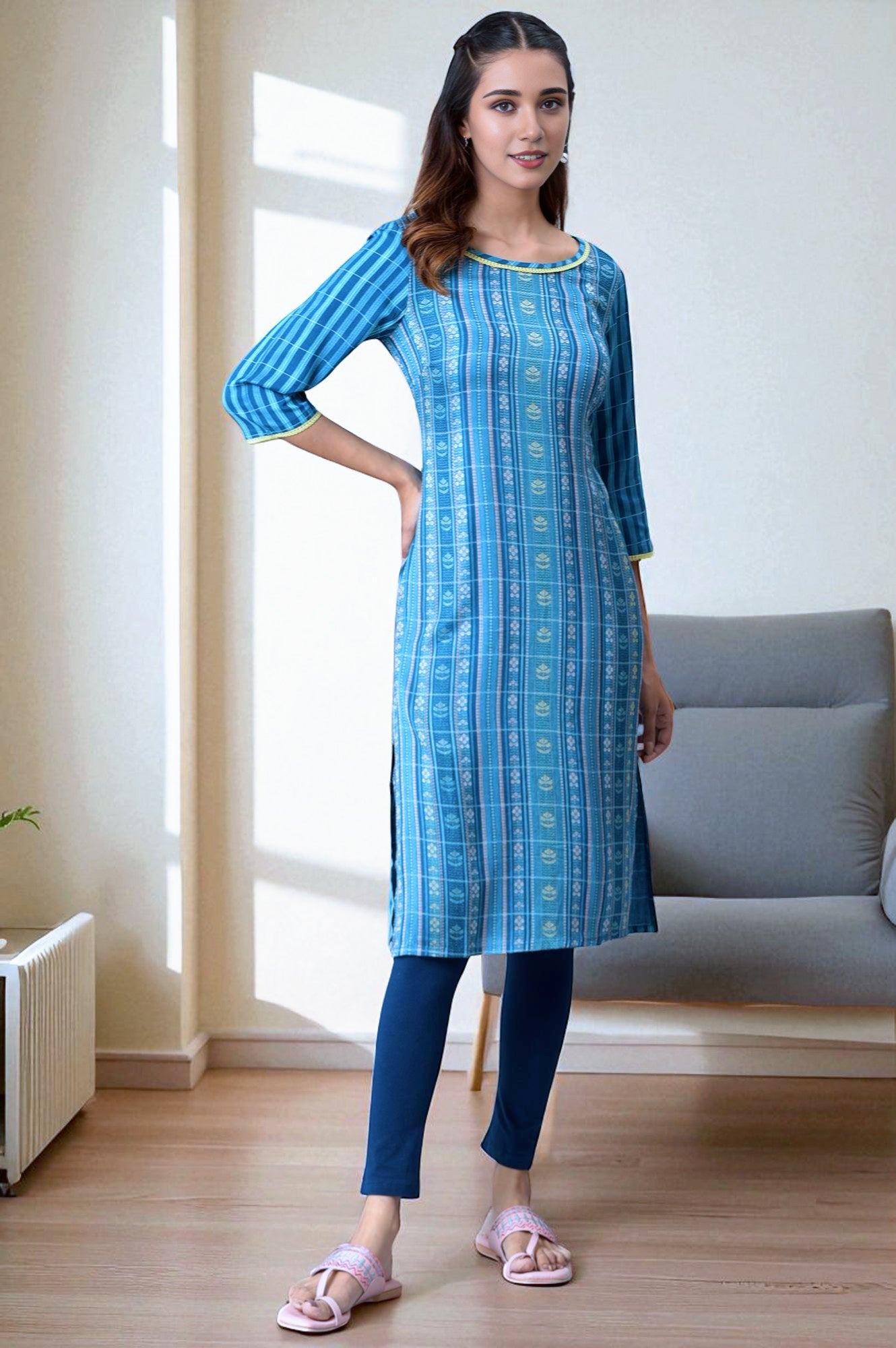 Blue Floral Motifs Dobby Straight Kurta