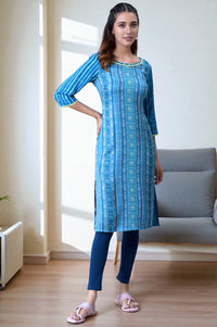 Blue Floral Motifs Dobby Straight Kurta