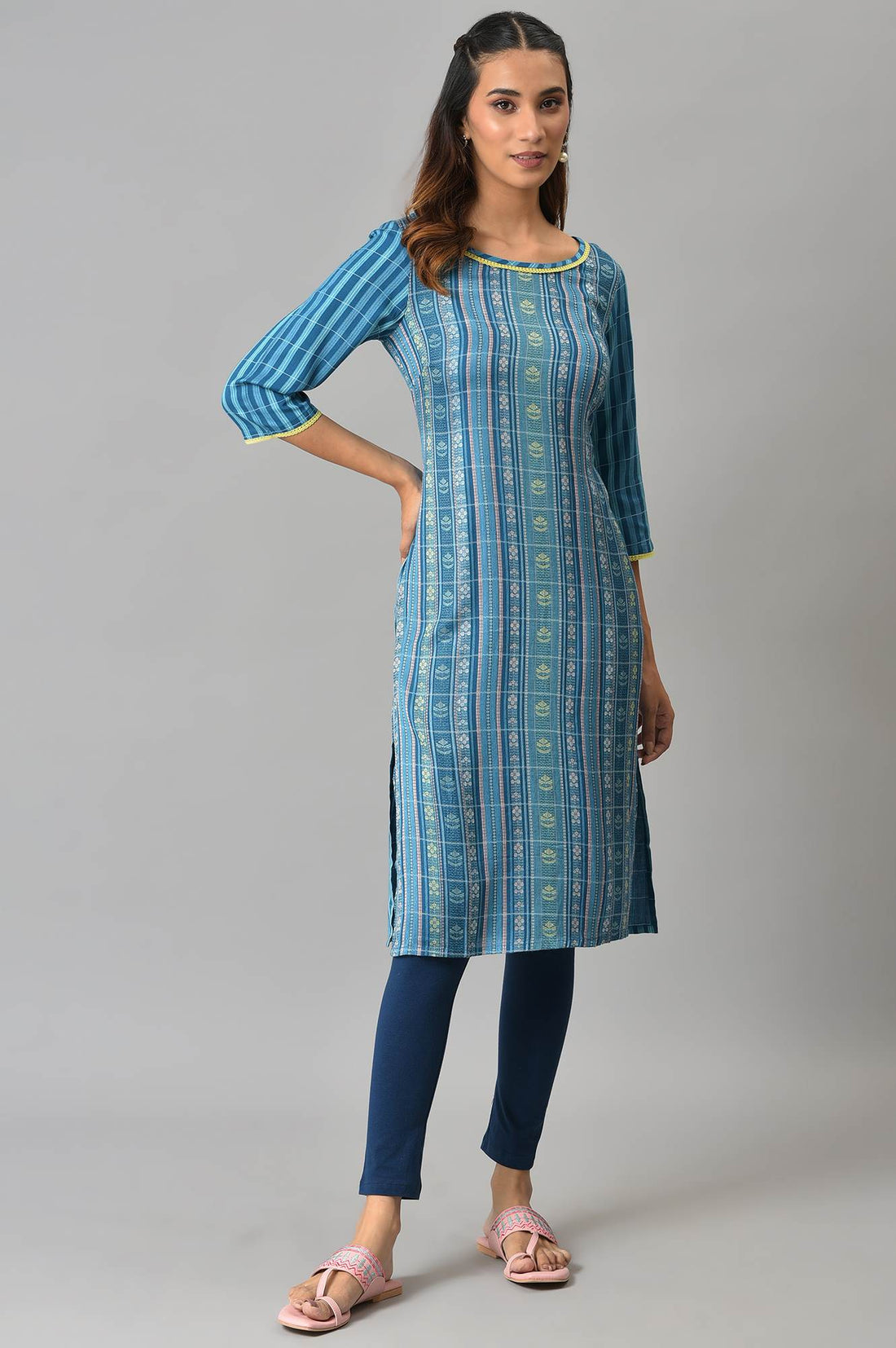Blue Geometric Floral Motifs Straight Dobby Kurta