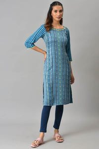 Blue Geometric Floral Motifs Straight Dobby Kurta