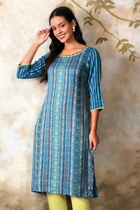 Blue Floral Motifs Dobby Straight Kurta