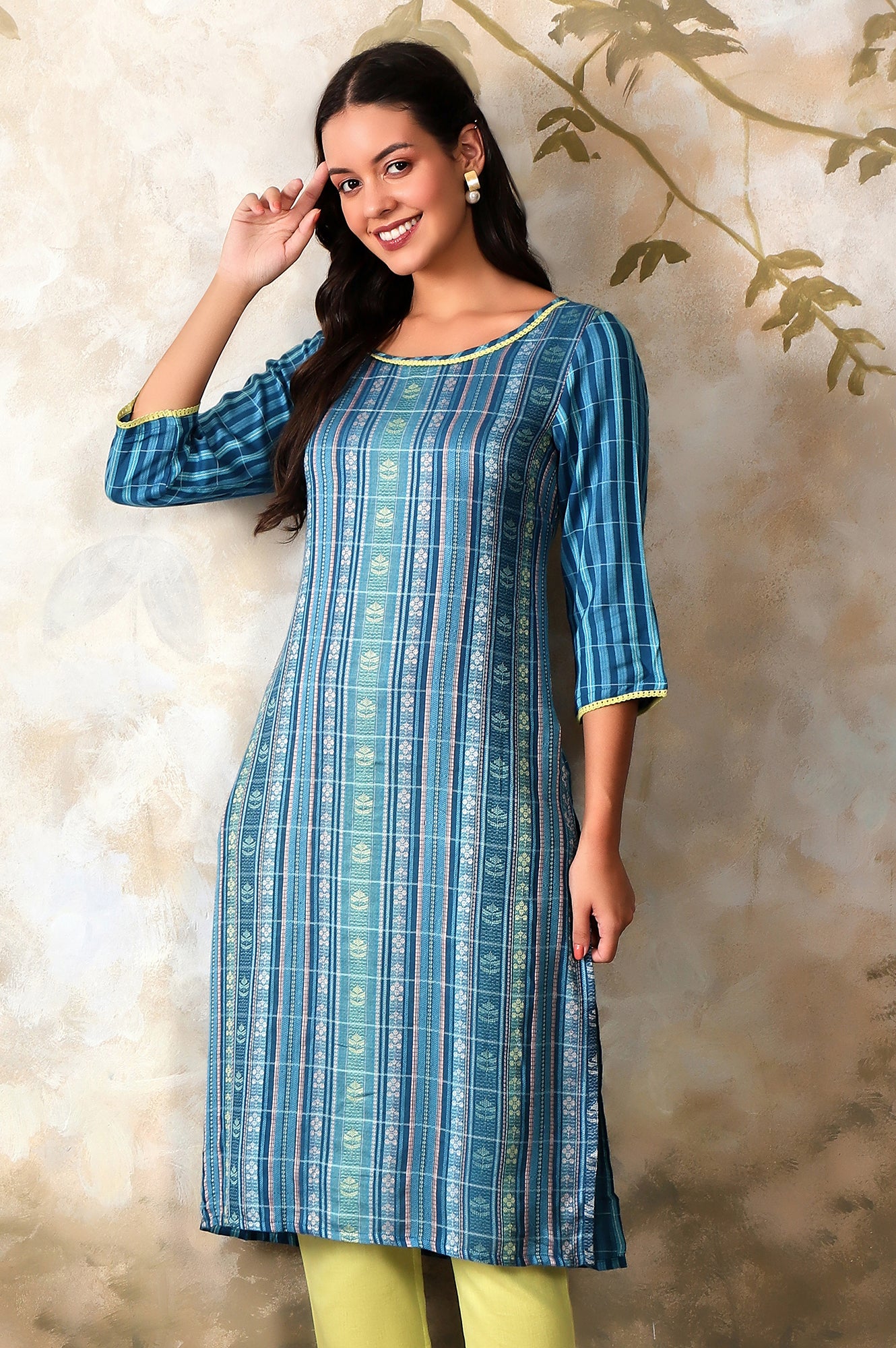 Blue Floral Motifs Dobby kurta