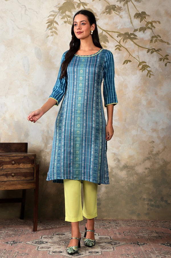Blue Floral Motifs Dobby Straight Kurta