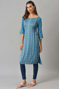 Blue Geometric Floral Motifs Straight Dobby Kurta