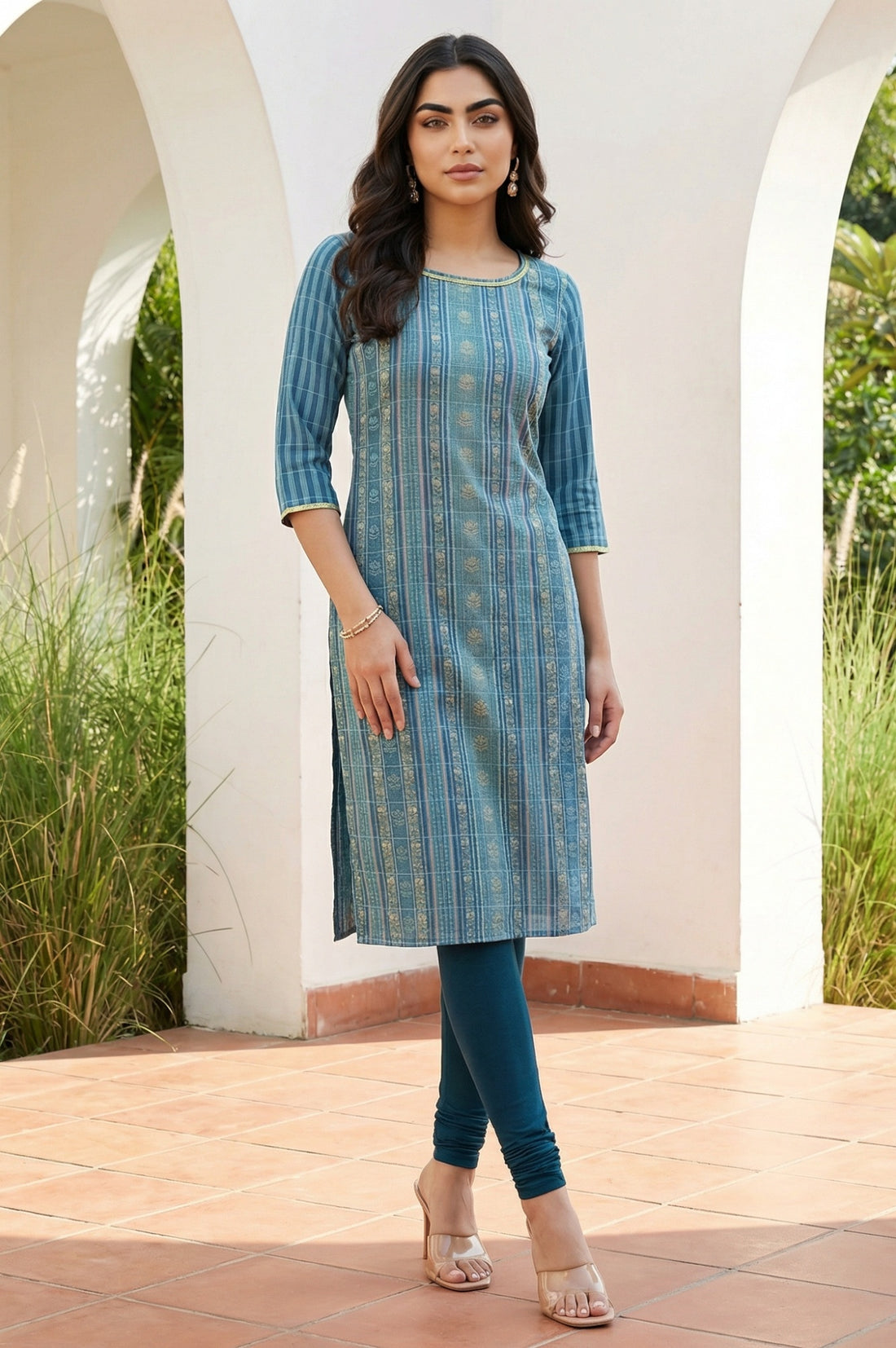 Blue Floral Motifs Dobby Straight Kurta