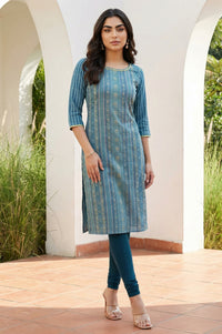 Blue Floral Motifs Dobby Straight Kurta