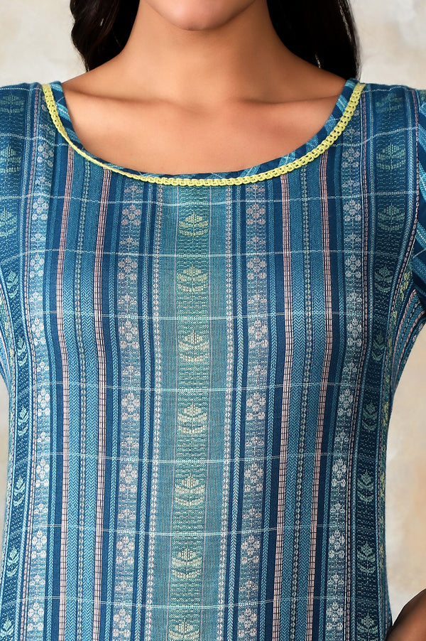 Blue Floral Motifs Dobby Straight Kurta