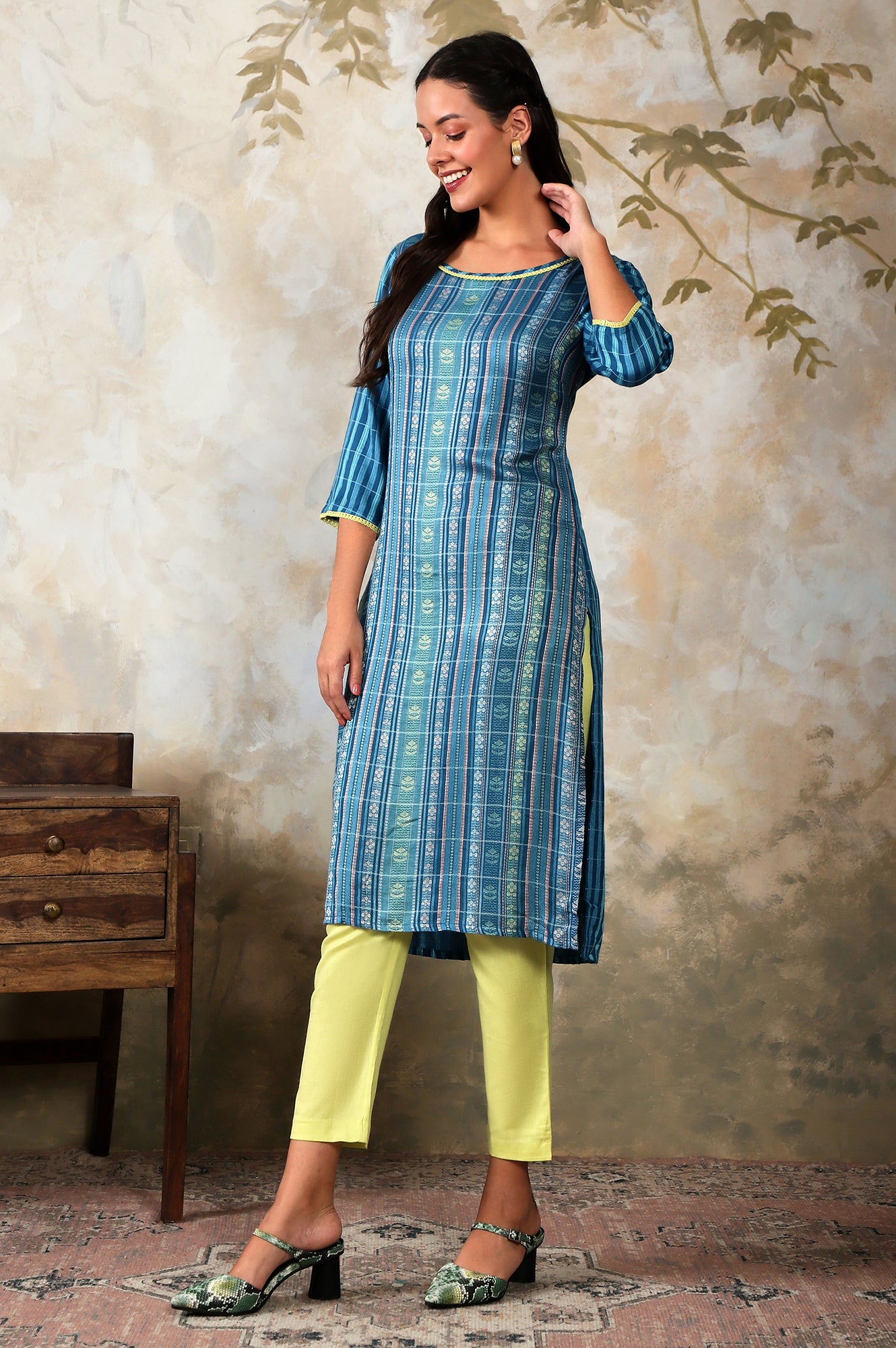 Blue Floral Motifs Dobby kurta