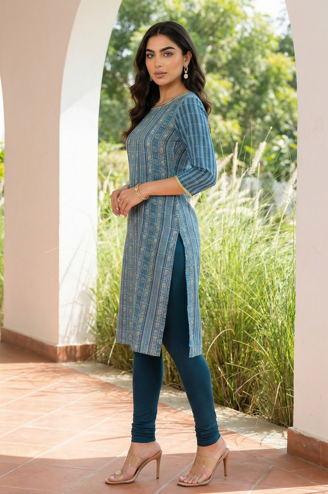 Blue Floral Motifs Dobby Straight Kurta
