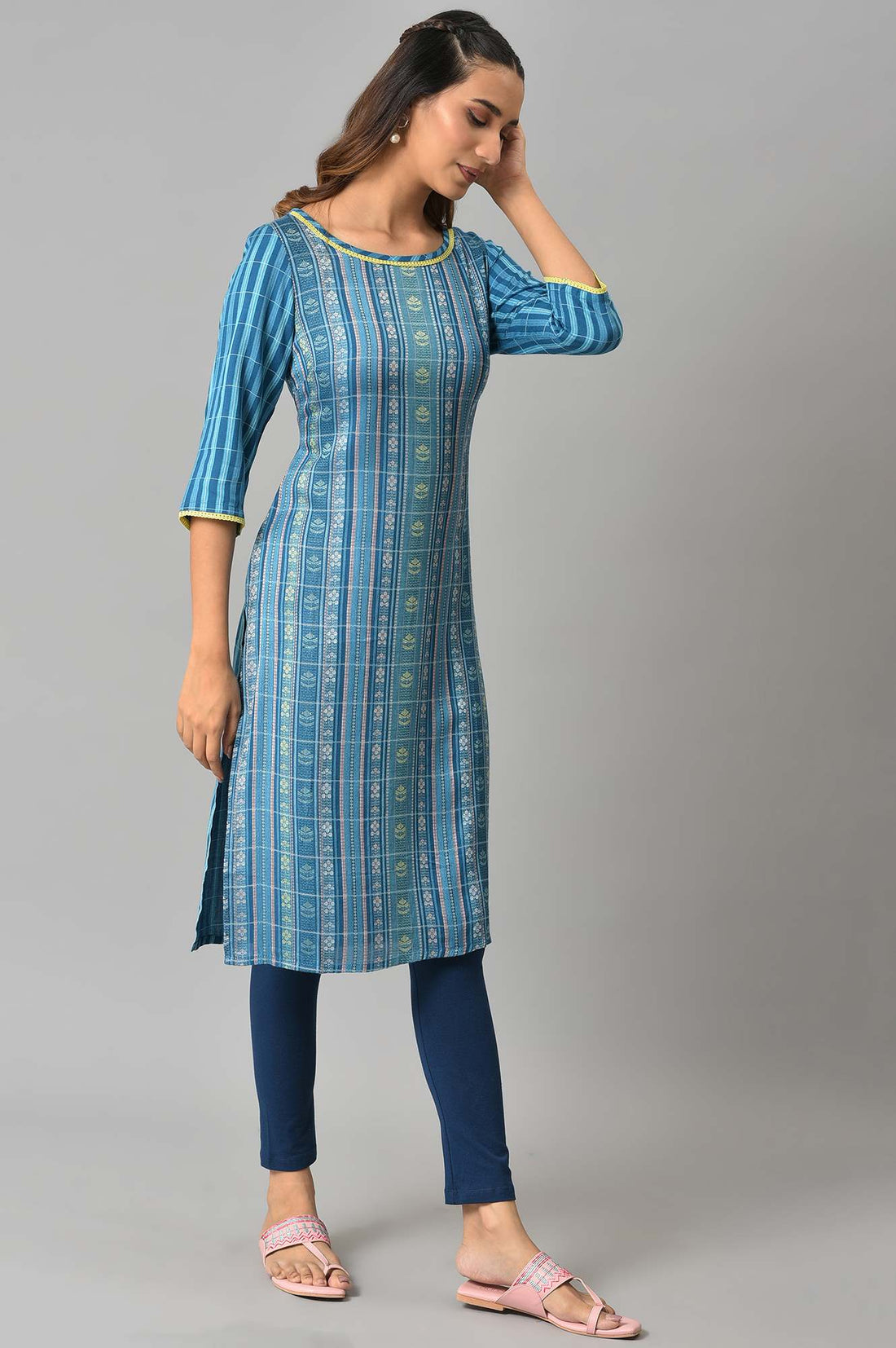 Blue Geometric Floral Motifs Straight Dobby Kurta