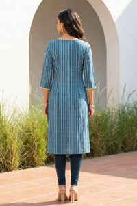 Blue Floral Motifs Dobby Straight Kurta