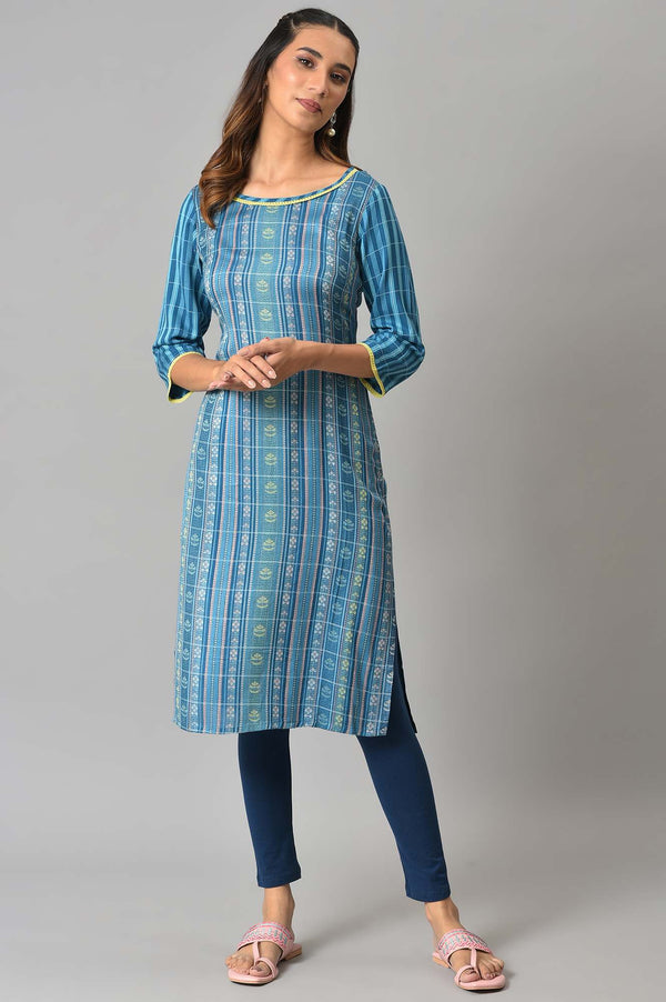 Blue Geometric Floral Motifs Straight Dobby Kurta