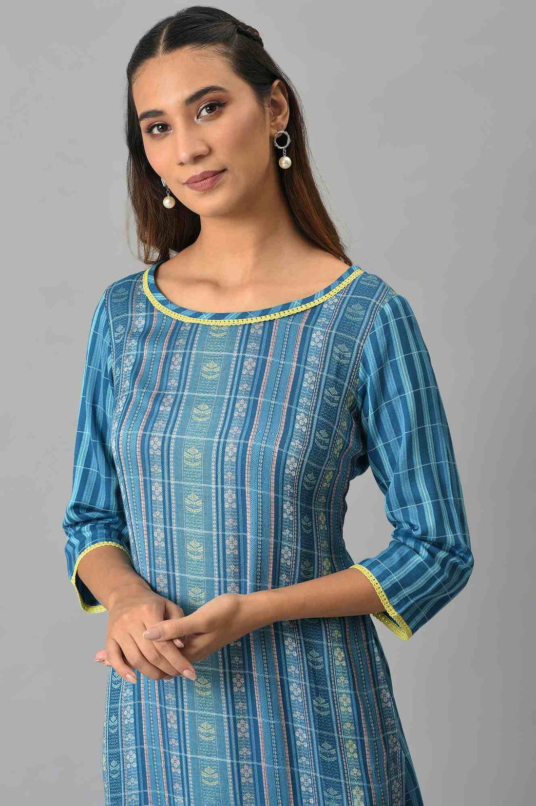 Blue Yarn Dyed Straight Kurta and Palazzo Set