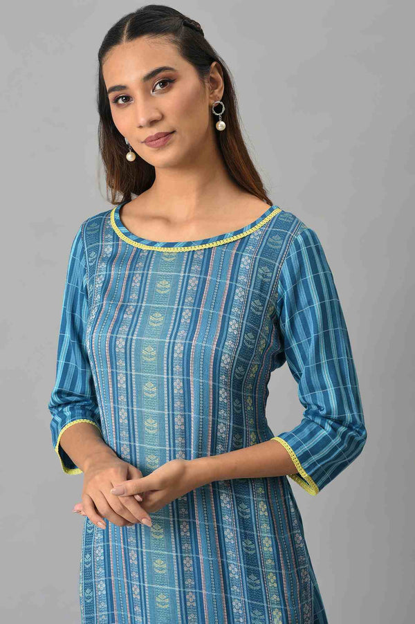 Blue Geometric Floral Motifs Straight Dobby Kurta