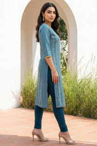 Blue Floral Motifs Dobby Straight Kurta
