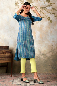 Blue Floral Motifs Dobby Straight Kurta