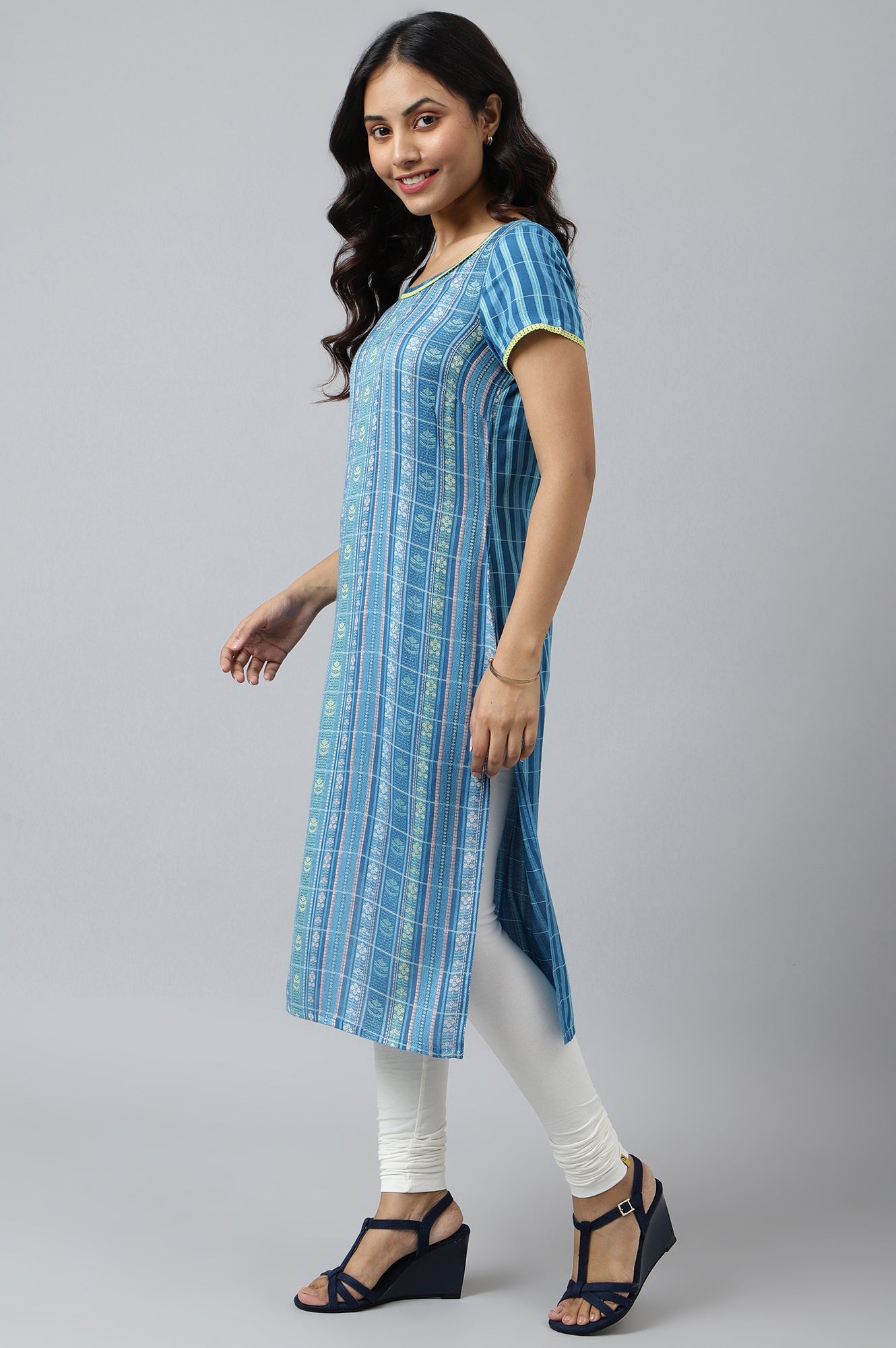 Blue Floral Motifs Dobby kurta