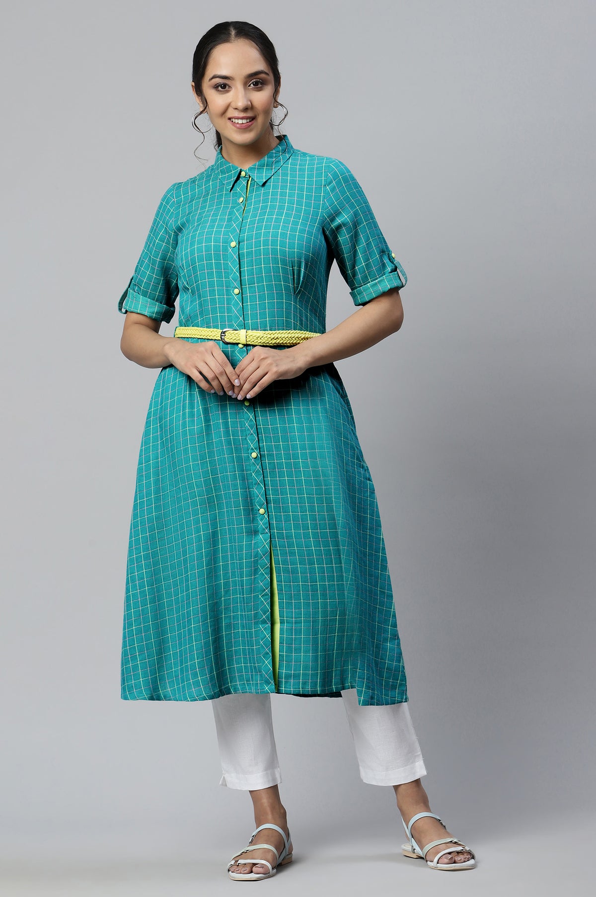 Green Cotton Shirt Collar kurta - XS