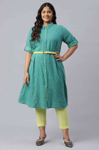 Green Cotton Shirt Collar Plus Size kurta