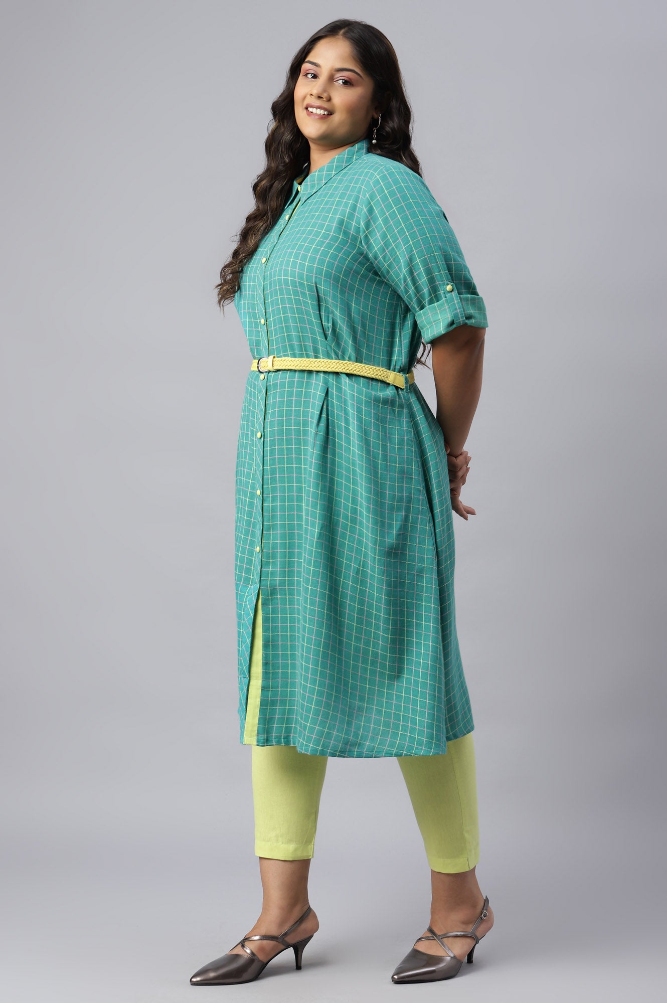 Green Cotton Shirt Collar Plus Size kurta