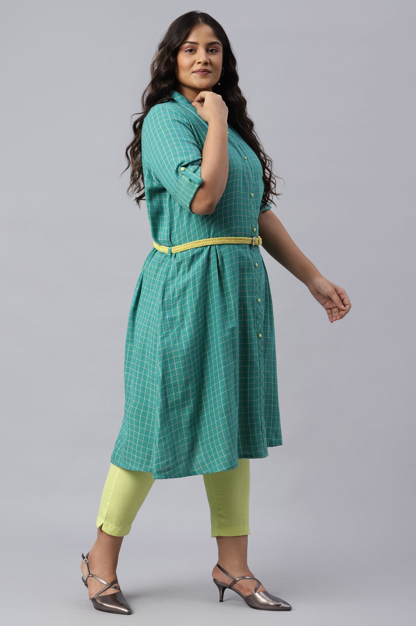 Green Cotton Shirt Collar Plus Size kurta