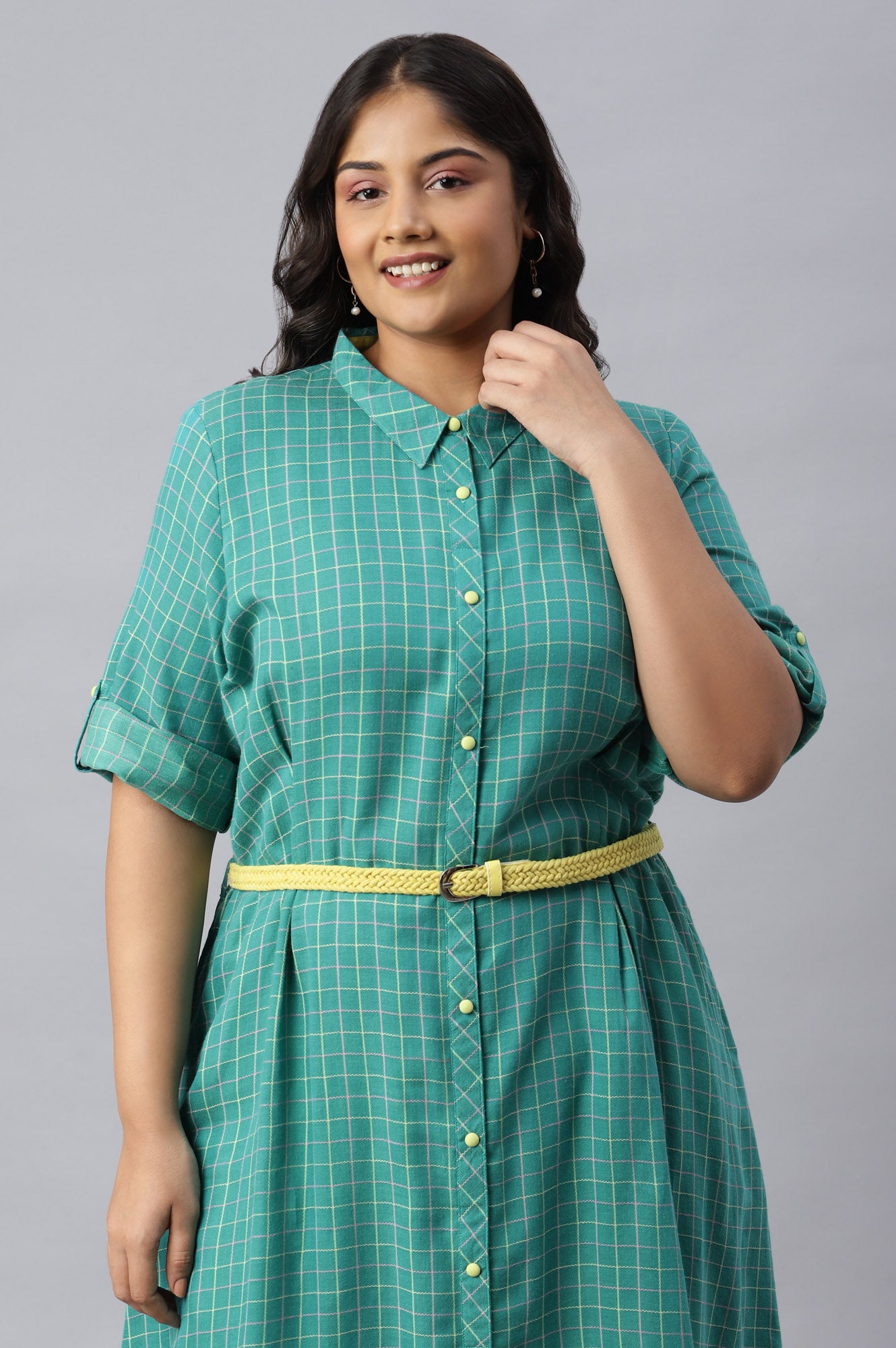 Green Cotton Shirt Collar Plus Size kurta