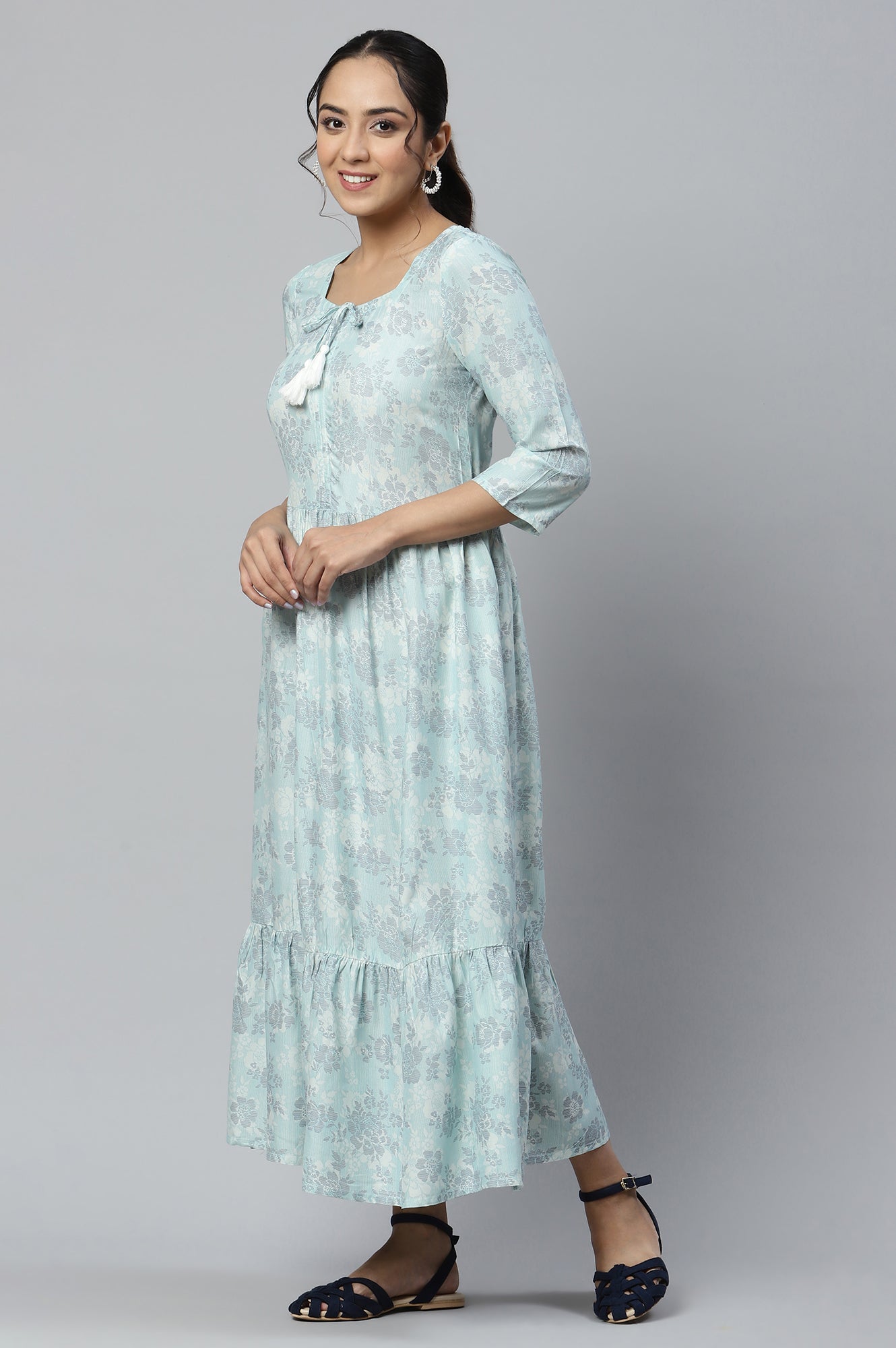 Blue Gathered Rayon Midi Dress