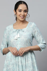 Blue Gathered Rayon Midi Dress