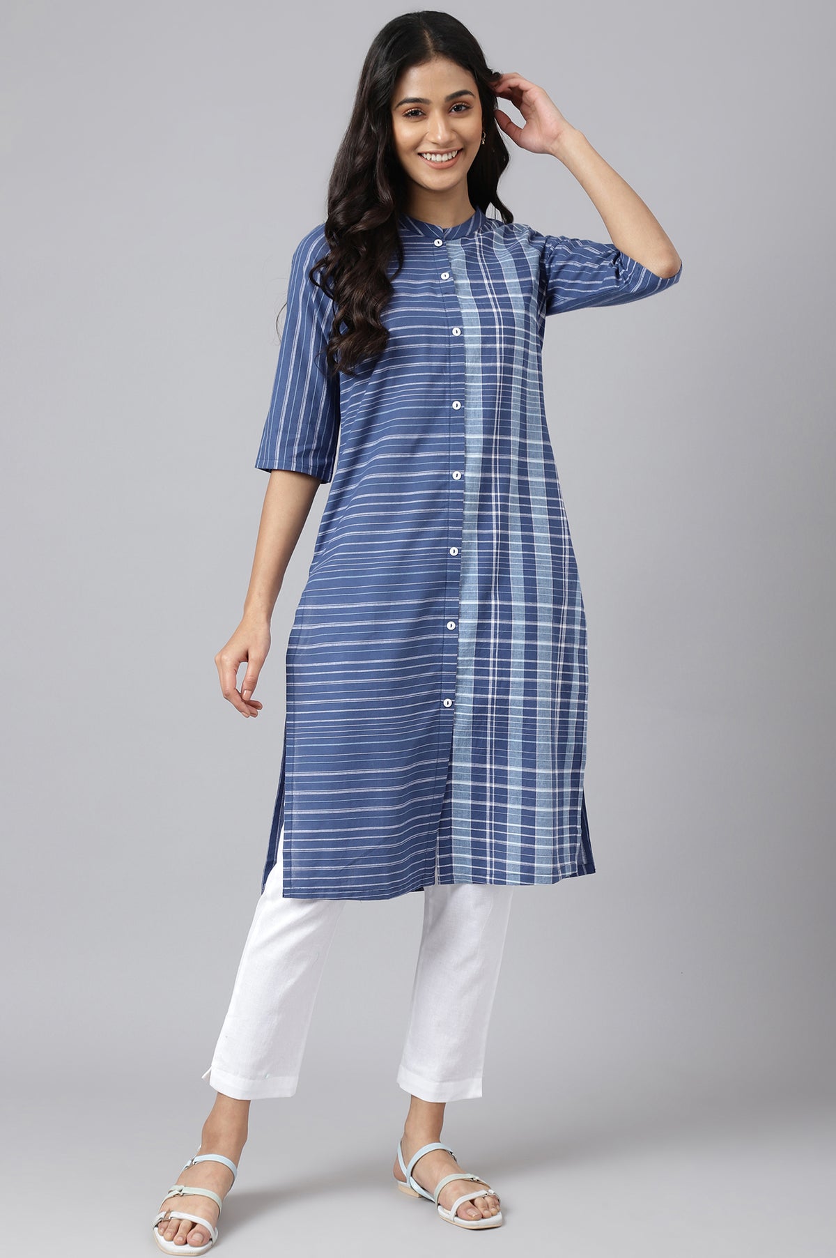 Blue Asymmetric Placement Kurta - XS