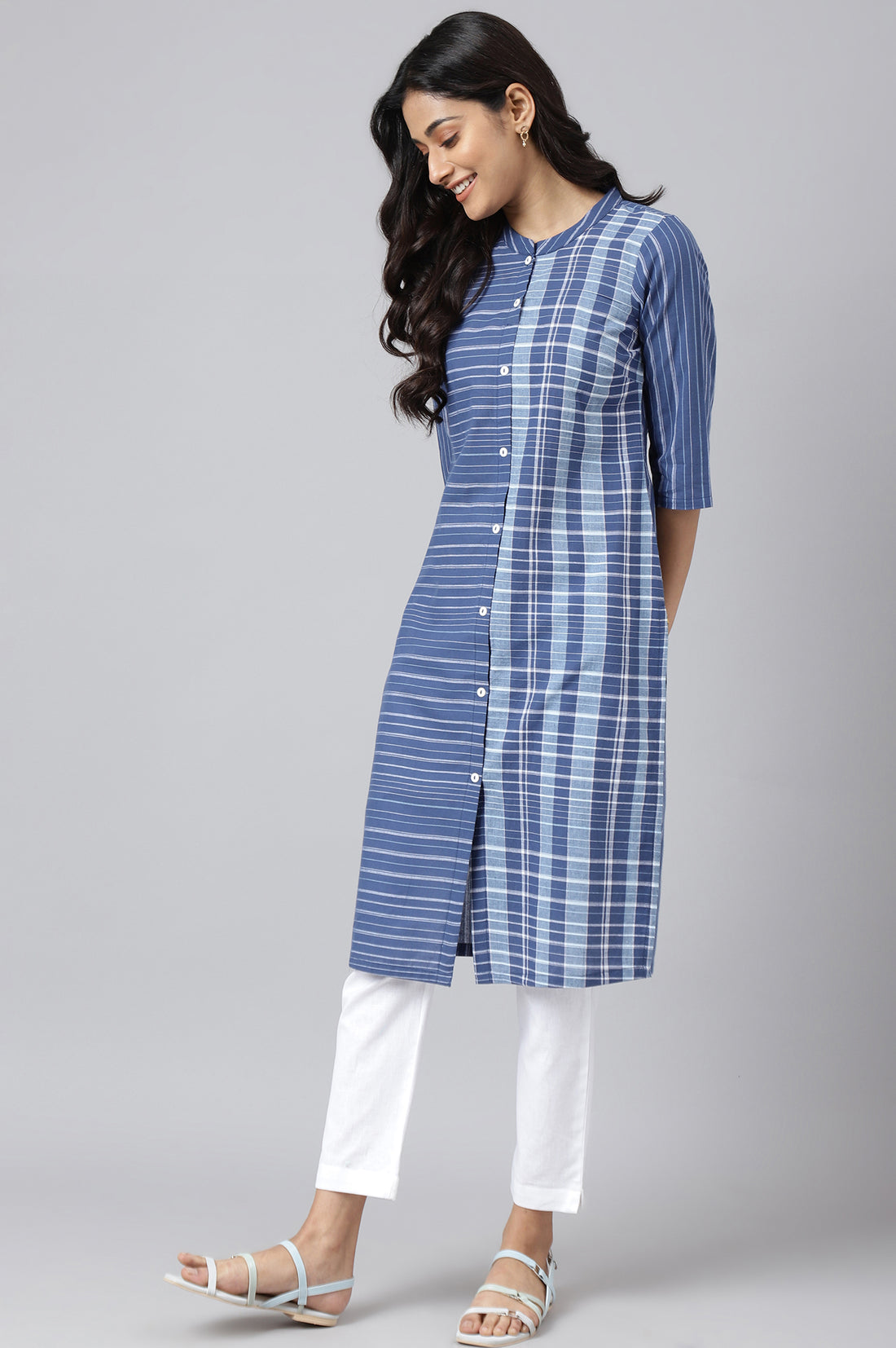 Blue Striped Straight Cotton Kurta