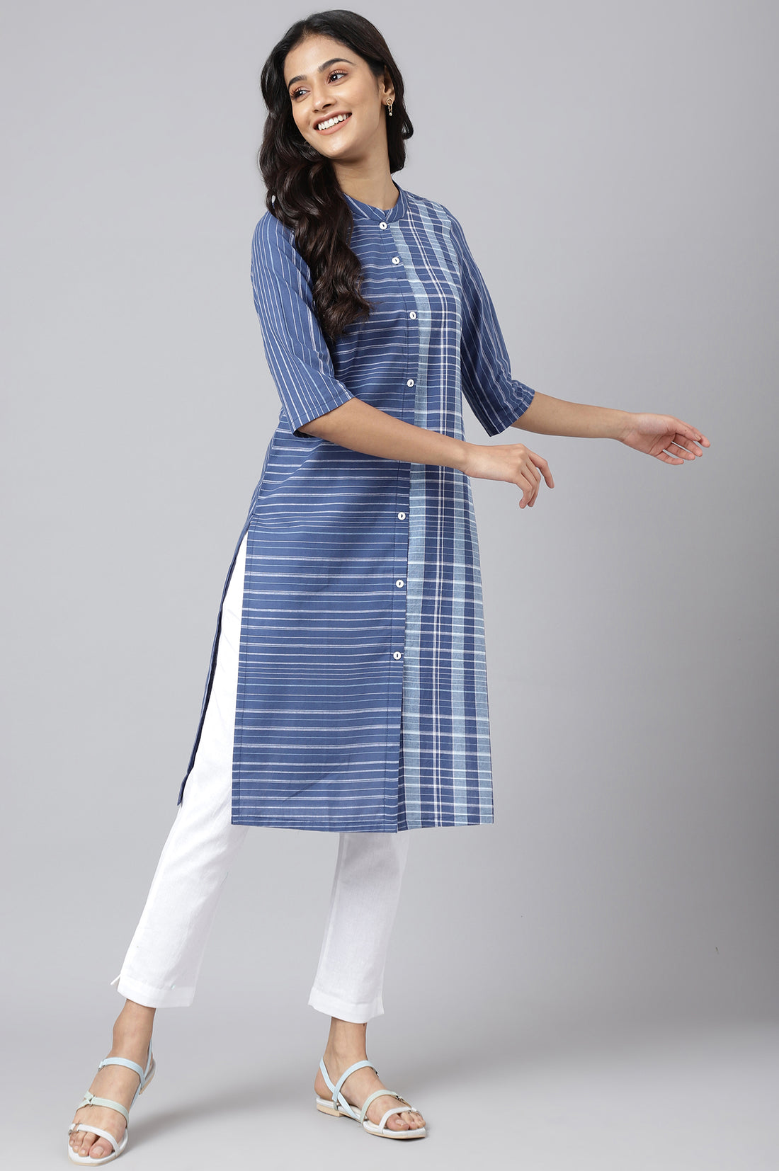Blue Striped Straight Cotton Kurta