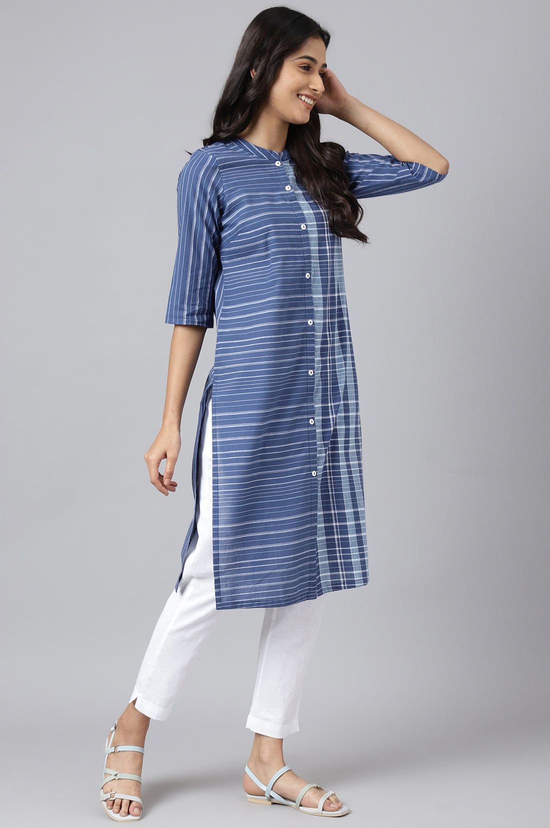 Blue Striped Straight Cotton Kurta