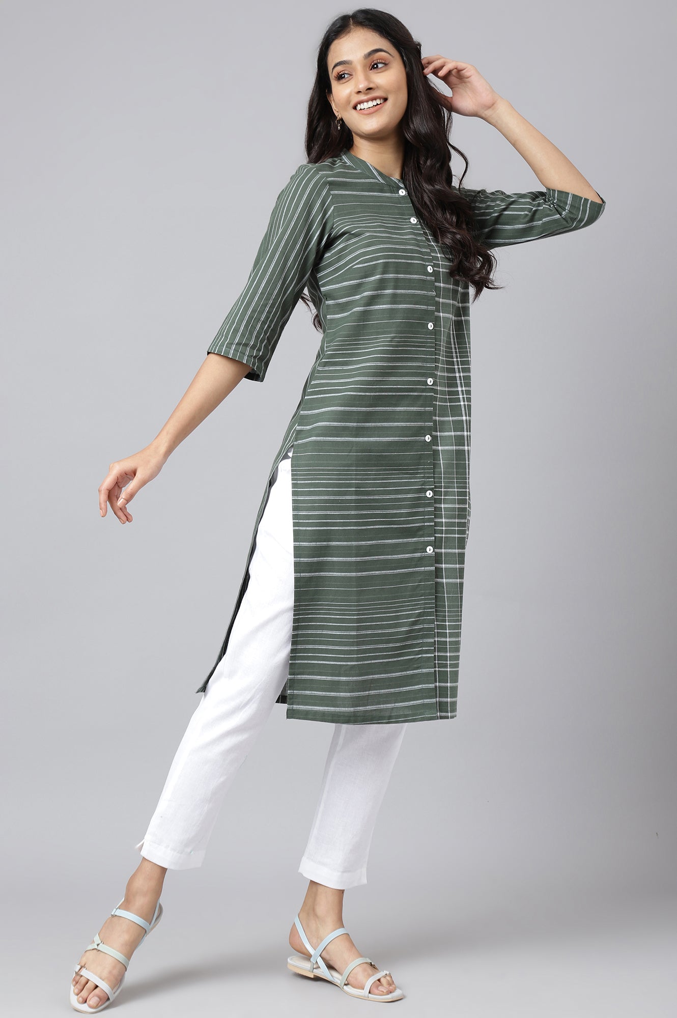 Mehendi Green  Asymmetric Placement Kurta