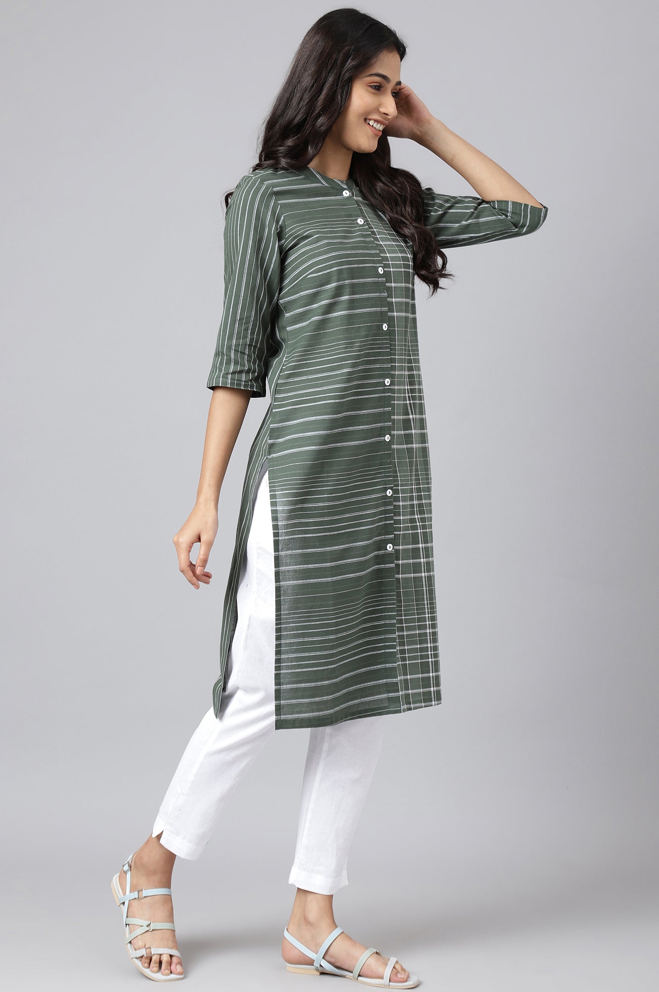 Mehendi Green  Asymmetric Placement Kurta