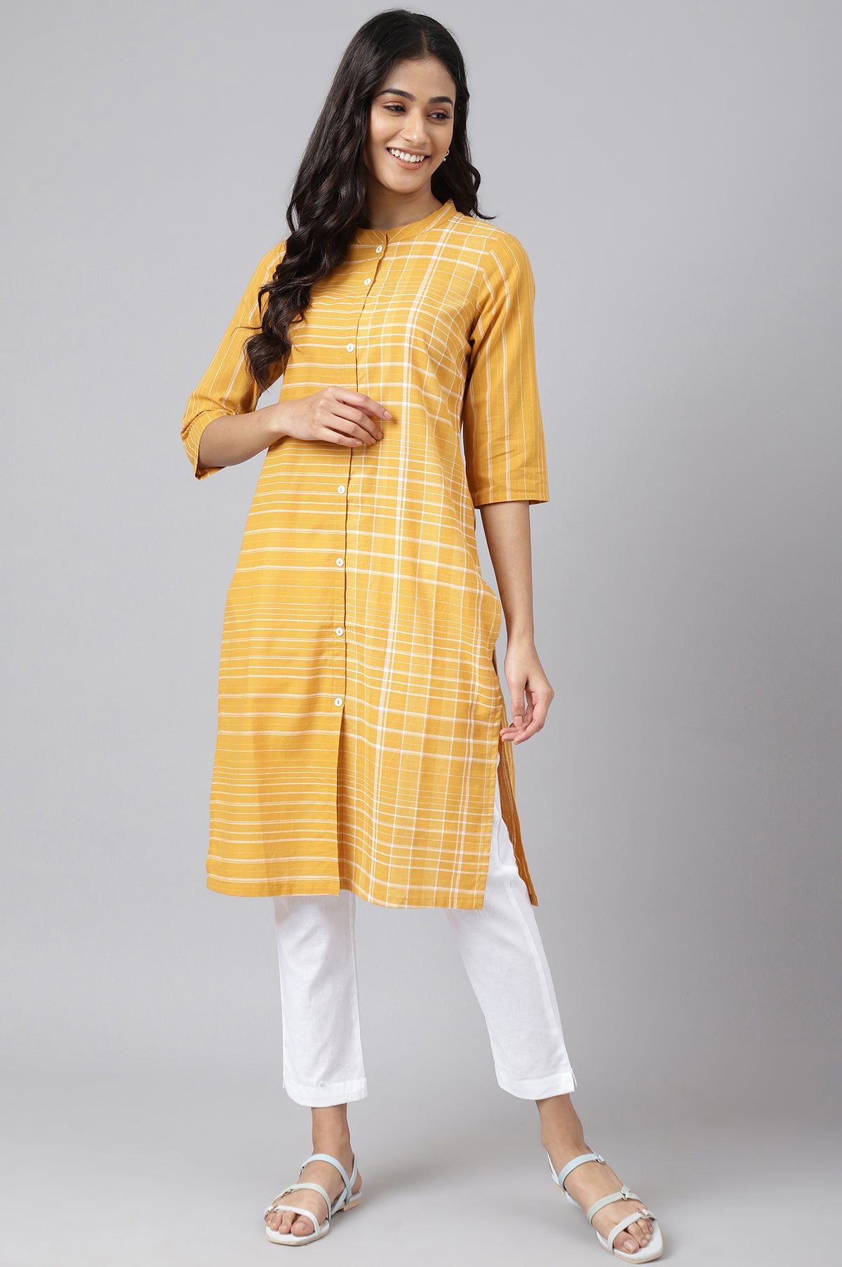 Yellow Asymmetric Placement kurta - XS