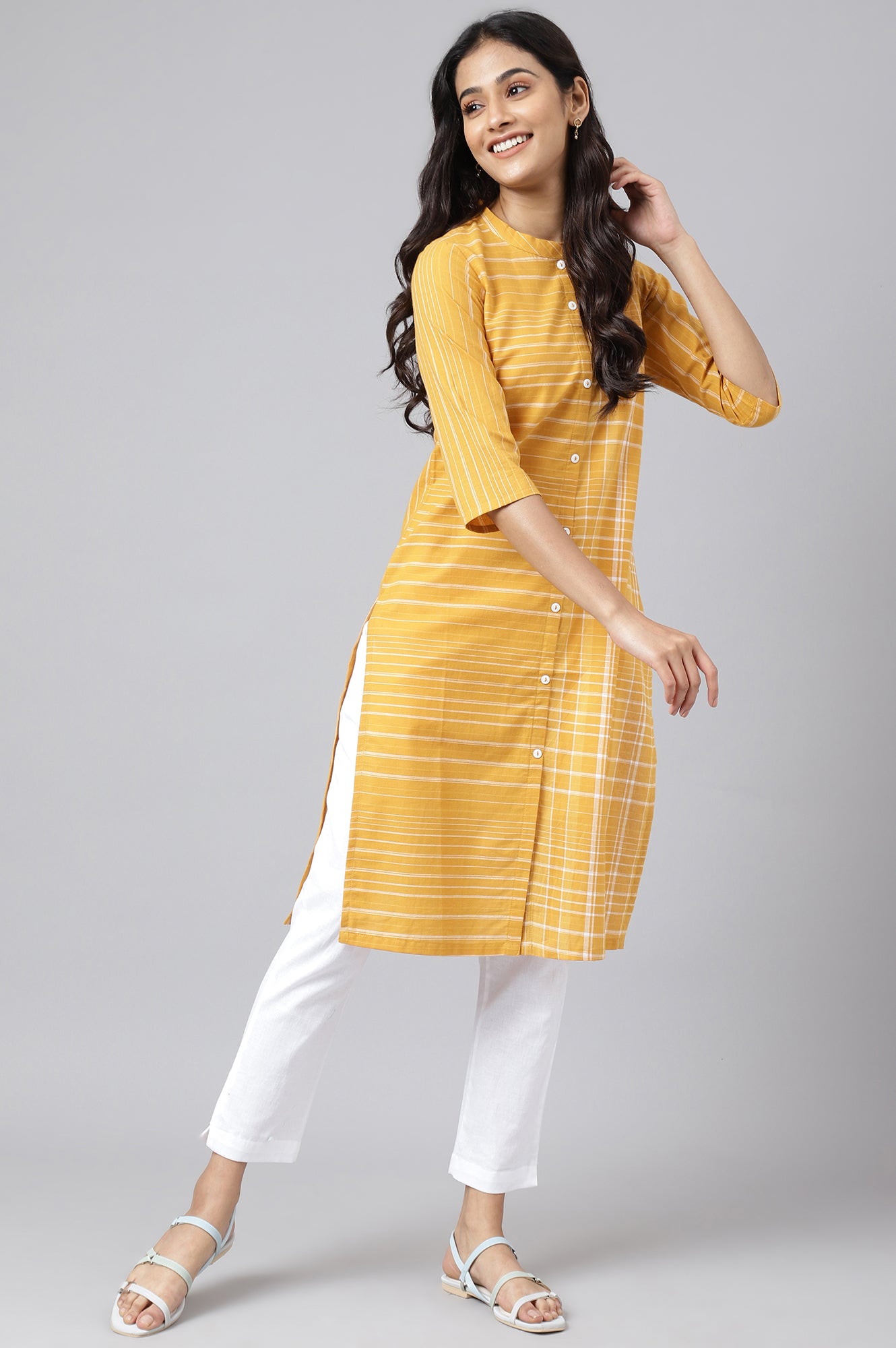 Yellow Asymmetric Placement Kurta