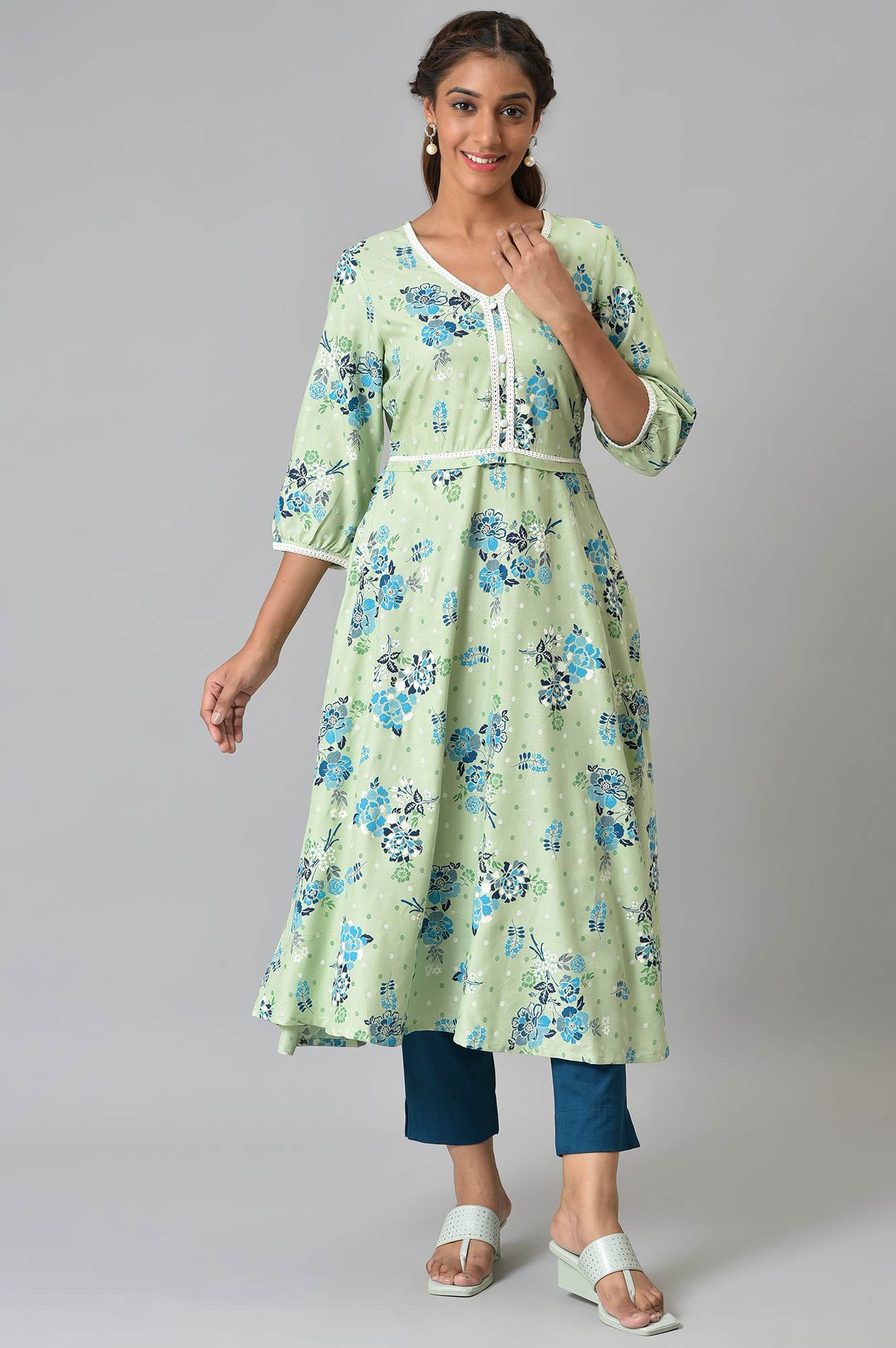 Green Circular Floral Printed LIVA kurta